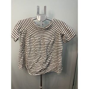 C&C California Linen Striped Smocked Off Shoulder Short Sleeve Top -B15